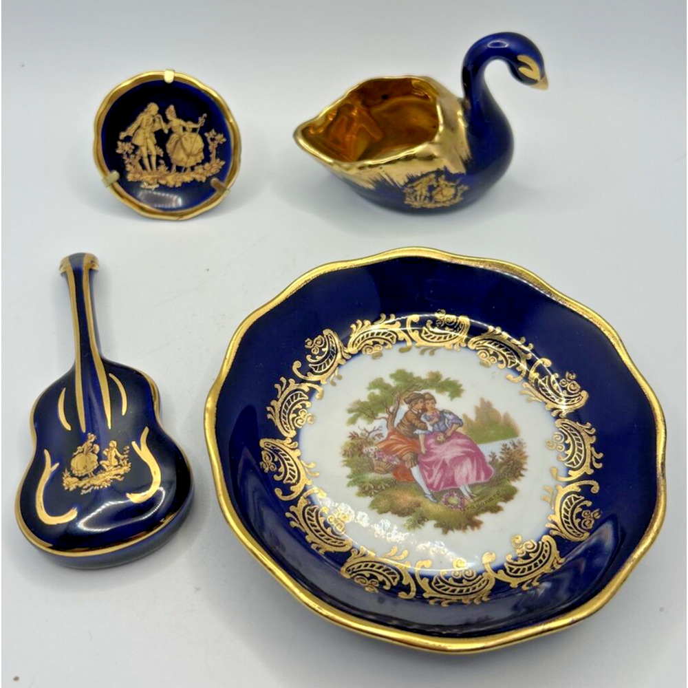 Vintage Limoges France Cobalt Blue w Gold Trim Miniature Violin Swan Plate Plate